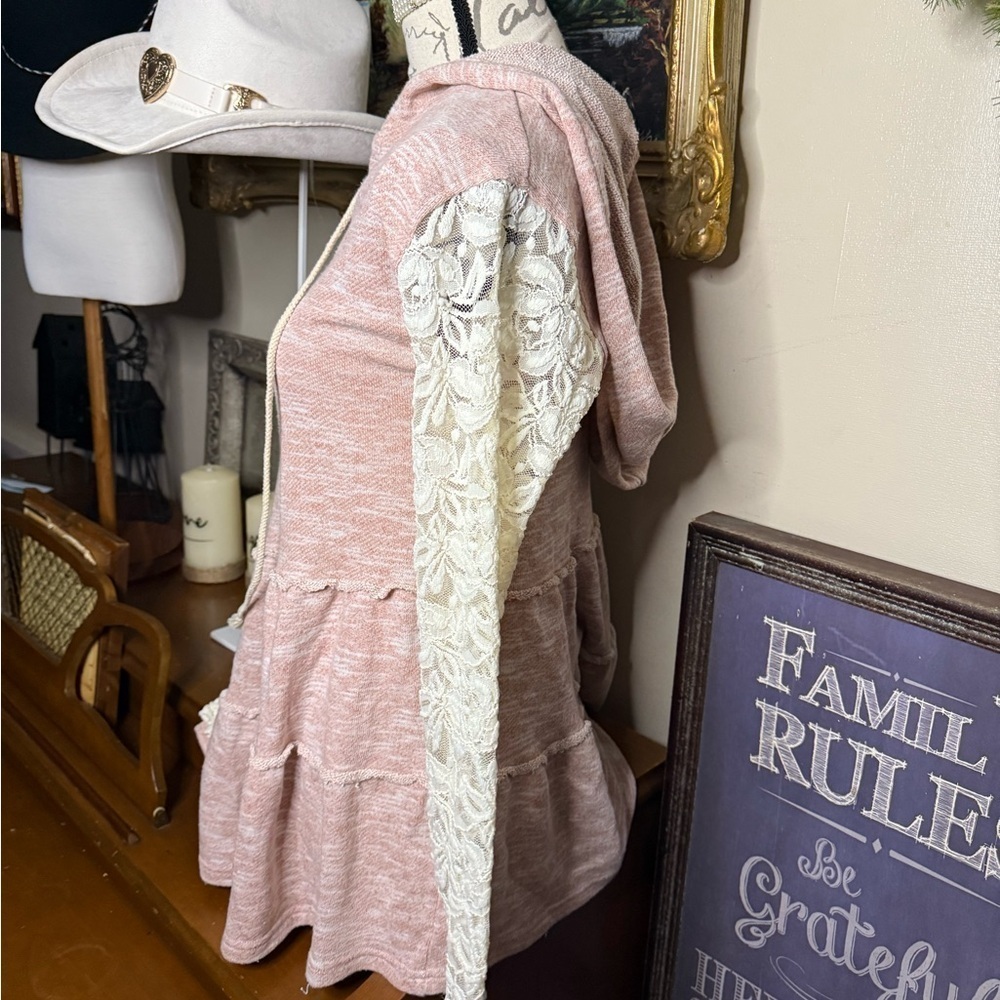 Women's Pink Lace Sleeve Hoodie Top - Picture 6 of 8